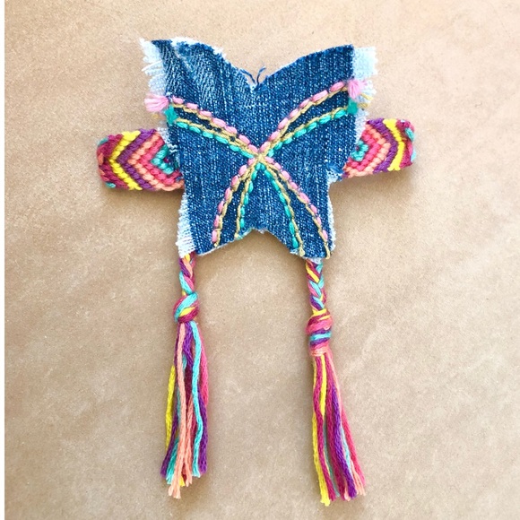 Denim Butterfly Stitched Woven Boho Bracelet, New - Picture 2 of 9